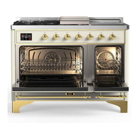 ILVE UM48FSQNR3AWG Majestic III 48 inch Dual Fuel Range with 5 Black Brass Burners, Griddle and French Top, Dual Function Burner up to 25,000 BTU (Natural Gas, Solid Door, Antique White, Brass)