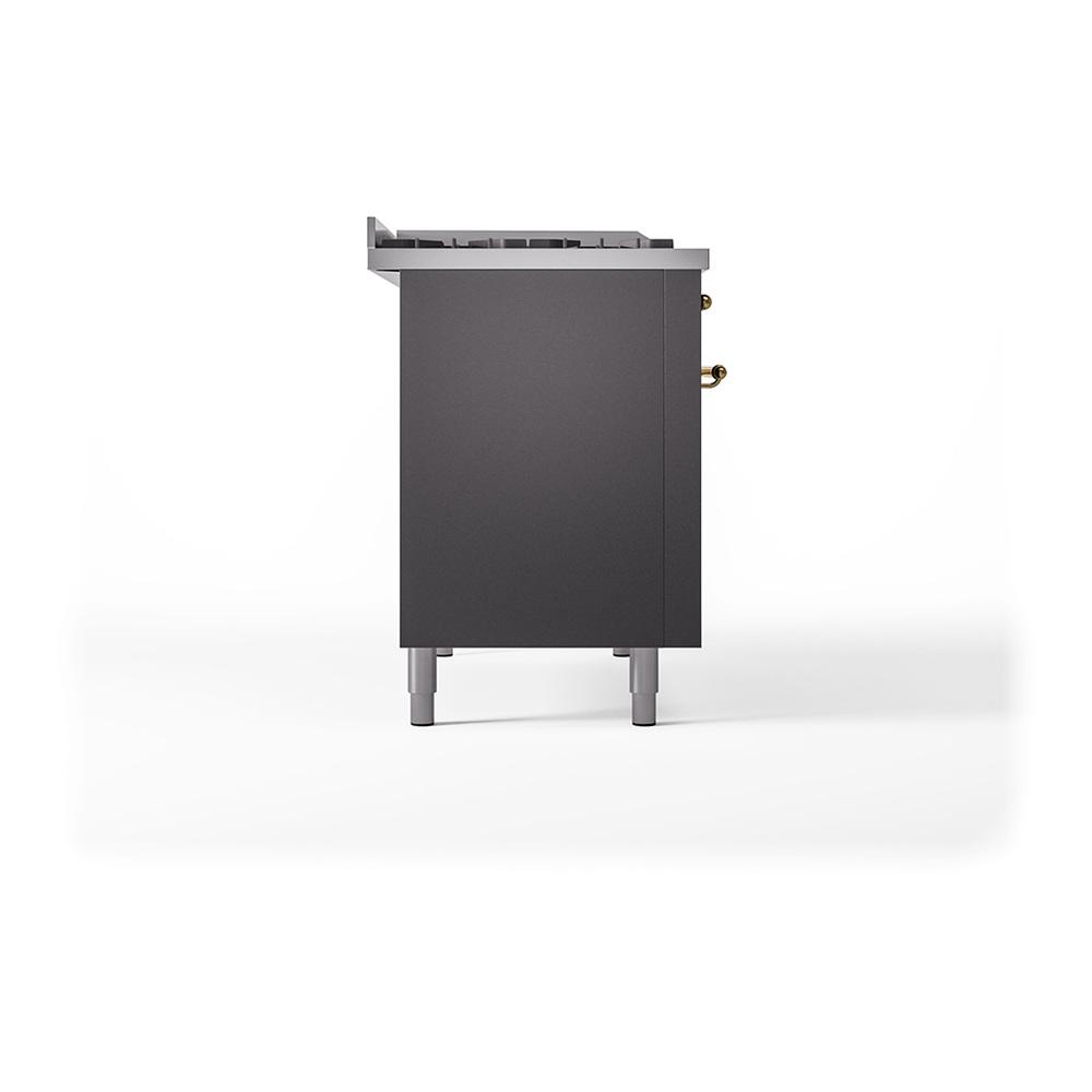 ILVE UN48FSQNMPMGGLP Nostalgie II Noblesse 48 inch Dual Fuel Range (5 Sealed Burners + Griddle + French Top, Liquid Propane, Solid Door, Graphite Matte, Brass)