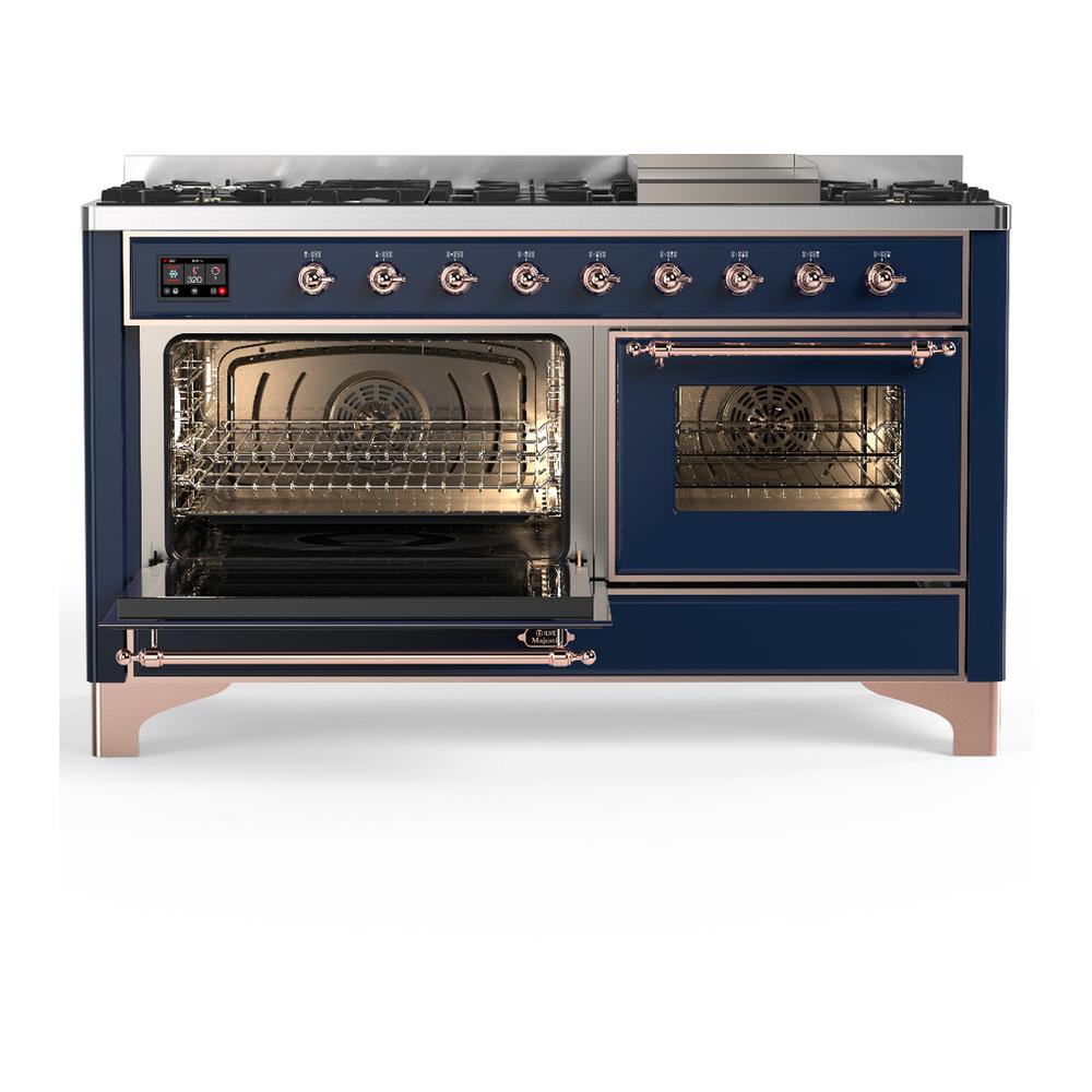 ILVE UM60FNR3MBPLP Majestic III 60 inch Dual Fuel Range with 9 Burners and Griddle, Dual Function Burner up to 25,000 BTU (Liquid Propane, Triple Glass Door, Midnight Blue, Copper)
