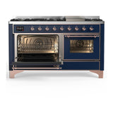 ILVE UM60FNR3MBPLP Majestic III 60 inch Dual Fuel Range with 9 Burners and Griddle, Dual Function Burner up to 25,000 BTU (Liquid Propane, Triple Glass Door, Midnight Blue, Copper)