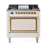 ILVE UN36FQNMPAWGLP Nostalgie II Noblesse 36 inch Dual Fuel Range (Liquid Propane, Solid Door, Antique White, Brass)