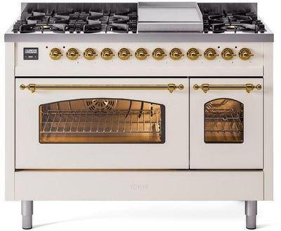Nostalgie II 48 Inch Dual Fuel Liquid Propane Freestanding Range in Antique White with Brass Trim