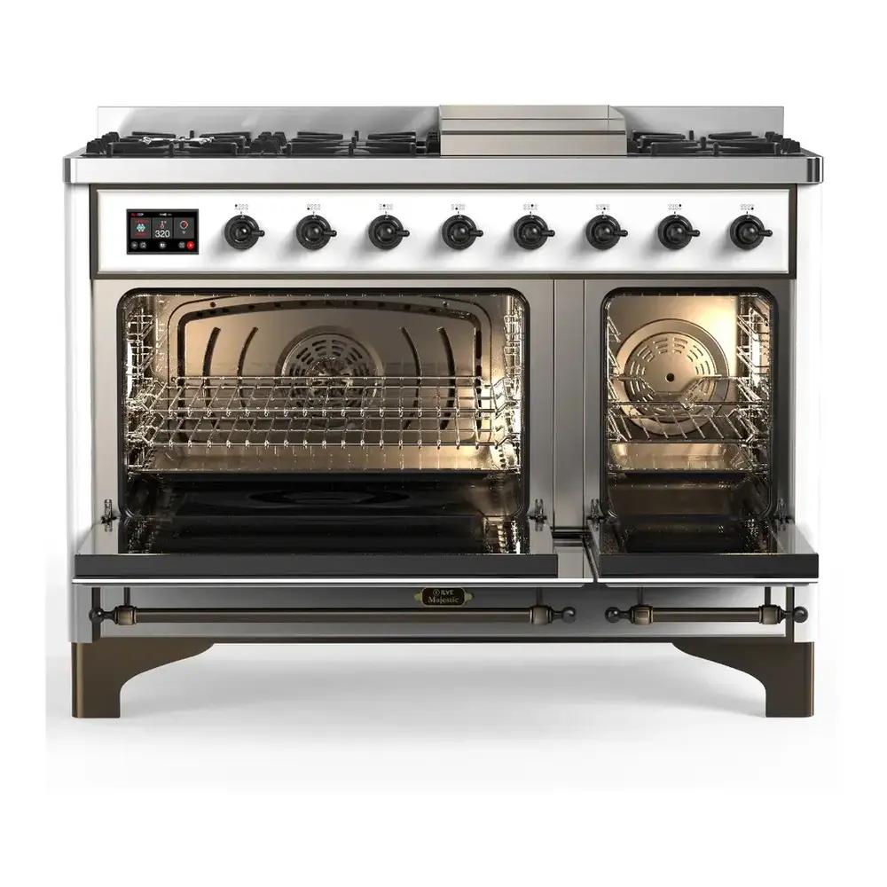 ILVE UM48FNR3RAB Majestic III 48 inch Dual Fuel Range with 8 Burners and Griddle, Dual Function Burner up to 25,000 BTU (Natural Gas, Triple Glass Door, RAL, Burnished)