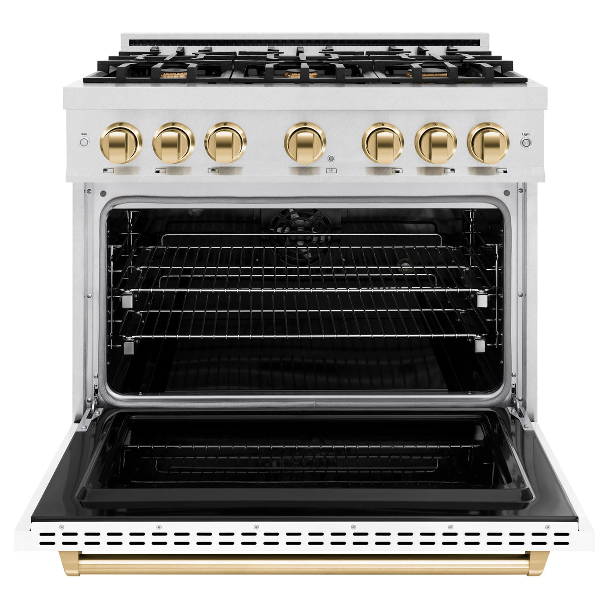 ZLINE Autograph Edition 36 in. 5.2 cu. ft. Classic Dual Fuel Range with 6 Burner Gas Cooktop and Electric Convection Oven in DuraSnow' Stainless Steel with White Matte Door and Polished Gold Accents (CDRSZ-WM-36-G)
