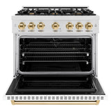 ZLINE Autograph Edition 36 in. 5.2 cu. ft. Classic Dual Fuel Range with 6 Burner Gas Cooktop and Electric Convection Oven in DuraSnow' Stainless Steel with White Matte Door and Polished Gold Accents (CDRSZ-WM-36-G)