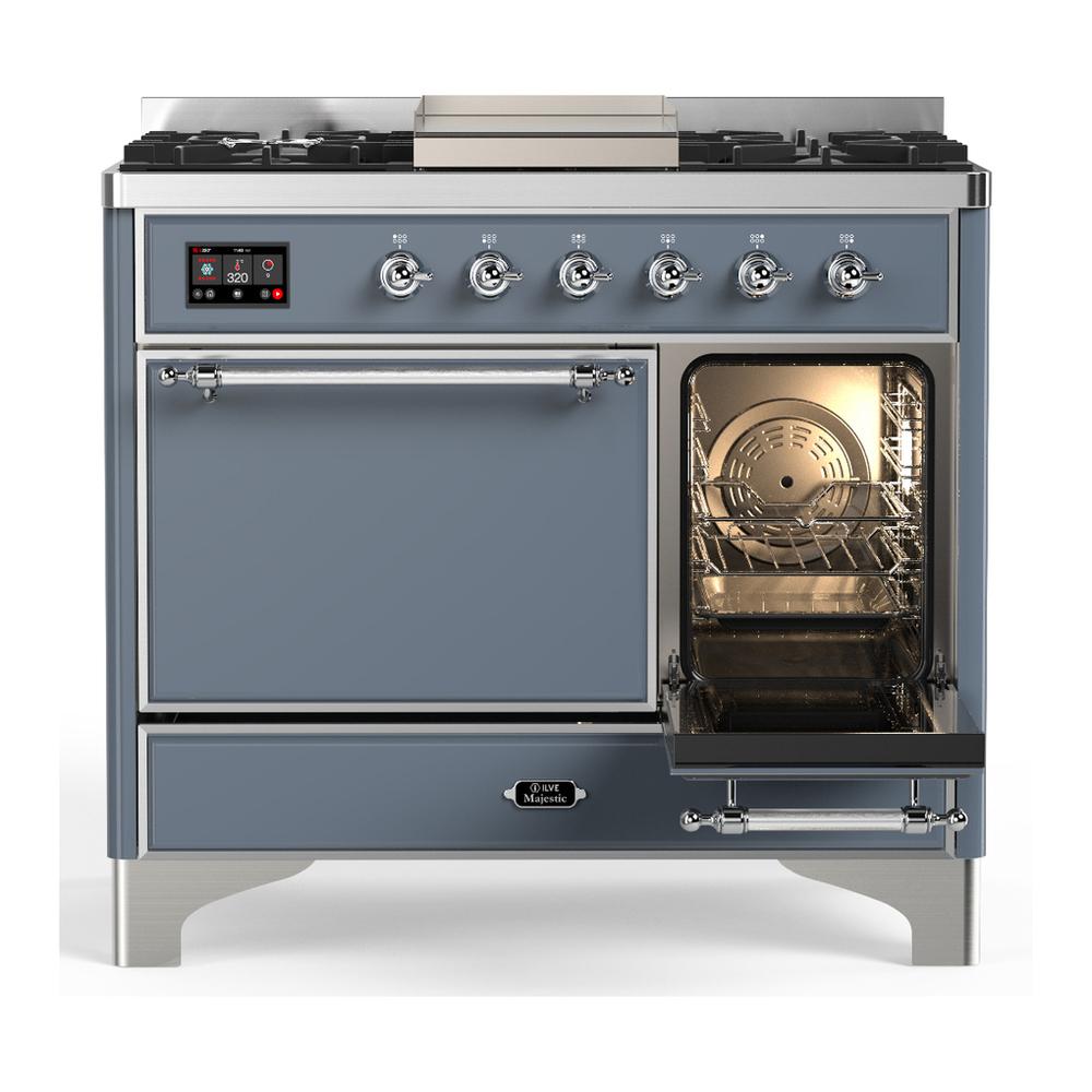 ILVE UMD40FQNR3BGC Majestic III 40 inch Dual Fuel Range with 6 Burners and Griddle, Dual Function Burner up to 25,000 BTU (Natural Gas, Solid Door, Blue Grey, Chrome)