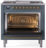 Nostalgie II 36 Inch Dual Fuel Natural Gas Freestanding Range in Blue Grey with Brass Trim