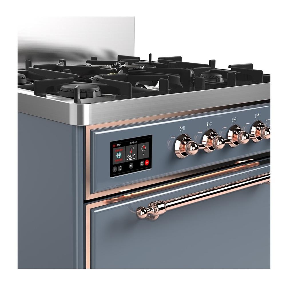 ILVE UM30QNR3BGPLP Majestic III 30 inch Dual Fuel Range with 5 Black Brass Burners, Dual Function Burner up to 25,000 BTU (Liquid Propane, Solid Door, Blue Grey, Copper)