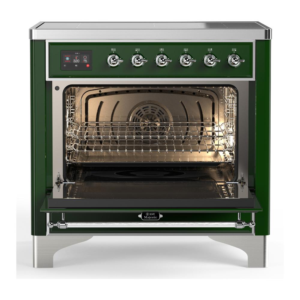 ILVE UMIB36QNR3EGC Majestic III 36 inch Induction Range with 6 Elements, 3.5 cu. ft. Total Oven Capacity (Solid Door, Emerald Green, Chrome)
