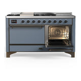 ILVE UM60FSQNR3BGB Majestic III 60 inch Dual Fuel Range with 7 Burners, Griddle and French Top, Dual Function Burner with up to 25,000 BTU (Natural Gas, Solid Door, Blue Grey, Burnished)