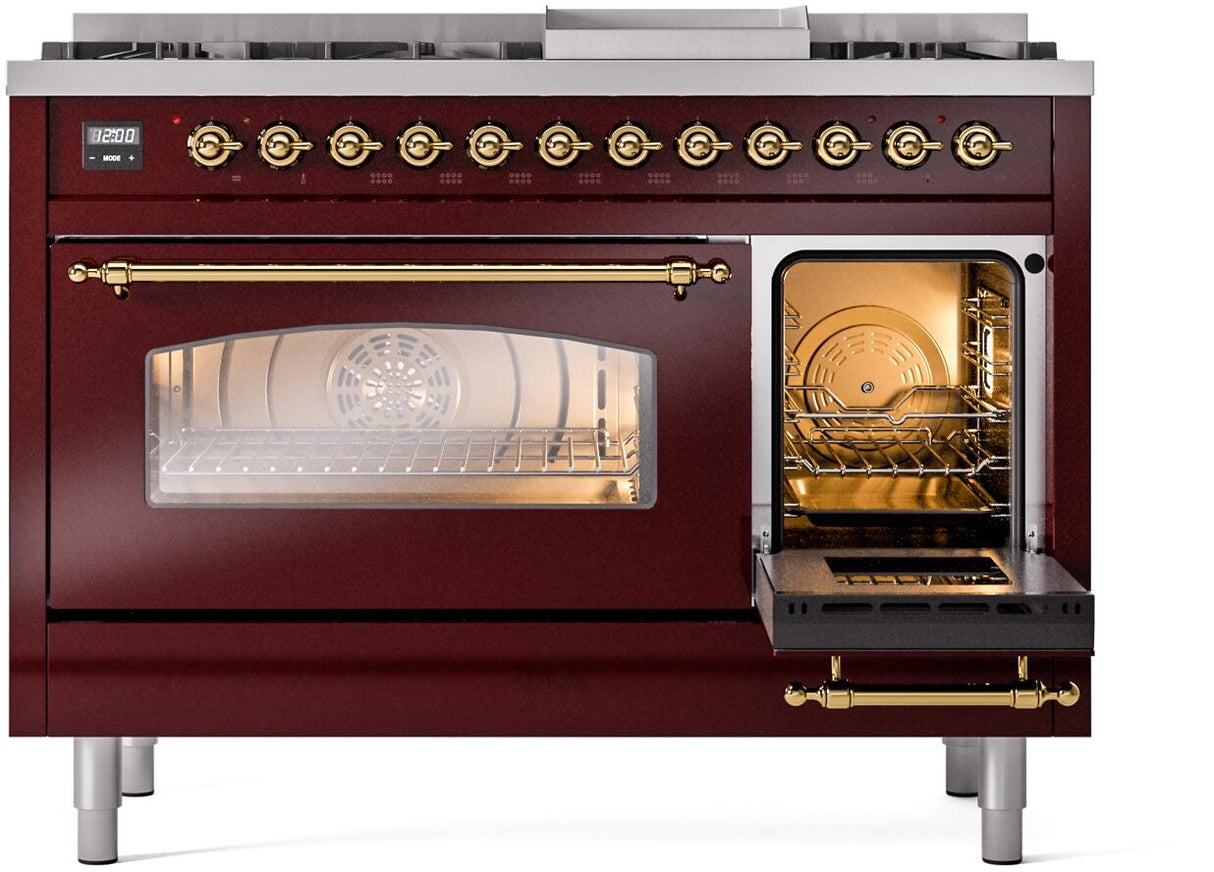 Nostalgie II 48 Inch Dual Fuel Natural Gas Freestanding Range in Burgundy with Brass Trim