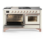 ILVE UM60FSNR3AWPLP Majestic III 60 inch Dual Fuel Range with 7 Burners, Griddle and French Top, Dual Function Burner with up to 25,000 BTU (Liquid Propane, Triple Glass Door, Antique White, Copper)