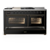 ILVE UM60FSNR3BKB Majestic III 60 inch Dual Fuel Range with 7 Burners, Griddle and French Top, Dual Function Burner with up to 25,000 BTU (Natural Gas, Triple Glass Door, Glossy Black, Burnished)