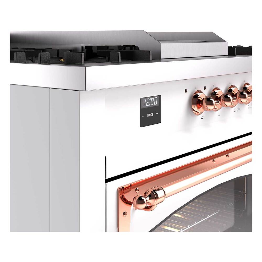 ILVE UN60FSNMPWHPLP Nostalgie II Noblesse 60 inch Dual Fuel Range (7 Sealed Burners + Griddle + French Top, Liquid Propane, Triple Glass Door, White, Copper)