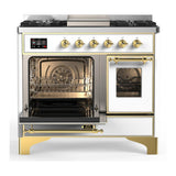 ILVE UMD40FNR3WHGLP Majestic III 40 inch Dual Fuel Range with 6 Burners and Griddle, Dual Function Burner up to 25,000 BTU (Liquid Propane, Triple Glass Door, White, Brass)