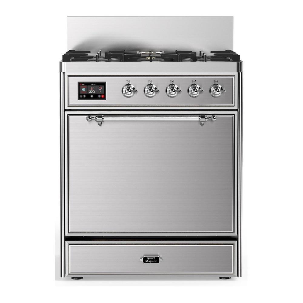 ILVE UM30QNR3SSCLP Majestic III 30 inch Dual Fuel Range with 5 Black Brass Burners, Dual Function Burner up to 25,000 BTU (Liquid Propane, Solid Door, Stainless Steel, Chrome)