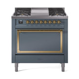 ILVE UN36FQNMPBGGLP Nostalgie II Noblesse 36 inch Dual Fuel Range (Liquid Propane, Solid Door, Blue Grey, Brass)