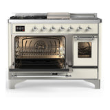 ILVE UM48FSNR3AWCLP Majestic III 48 inch Dual Fuel Range with 5 Black Brass Burners, Griddle and French Top, Dual Function Burner up to 25,000 BTU (Liquid Propane, Triple Glass Door, Antique White, Chrome)