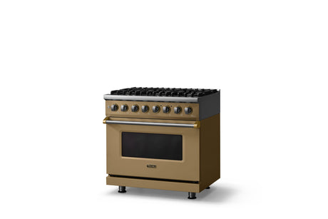 36"W. Dual Fuel Range (Burner: 6b, Finish: Golden Hour, Trim: Brushed Brass, Fuel: Natural Gas)