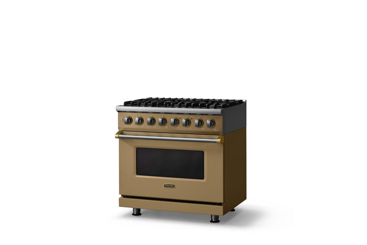 36"W. Dual Fuel Range (Burner: 6b, Finish: Golden Hour, Trim: Brushed Brass, Fuel: Propane)