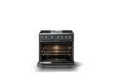 36"W. Dual Fuel Range (Burner: 4g, Finish: Cast Black, Trim: Polished Chrome, Fuel: Natural Gas)