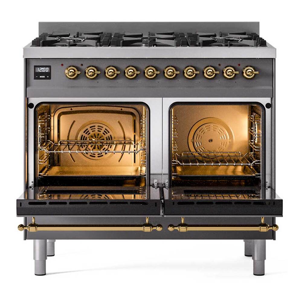 ILVE UPD406NMPMGGLP Nostalgie II 40 inch Dual Fuel Range with 6 Total Black Brass Burners, Brass Trim (Limited Edition) (Liquid Propane, Graphite Matte)