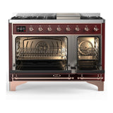 ILVE UM48FNR3BUP Majestic III 48 inch Dual Fuel Range with 8 Burners and Griddle, Dual Function Burner up to 25,000 BTU (Natural Gas, Triple Glass Door, Burgundy, Copper)