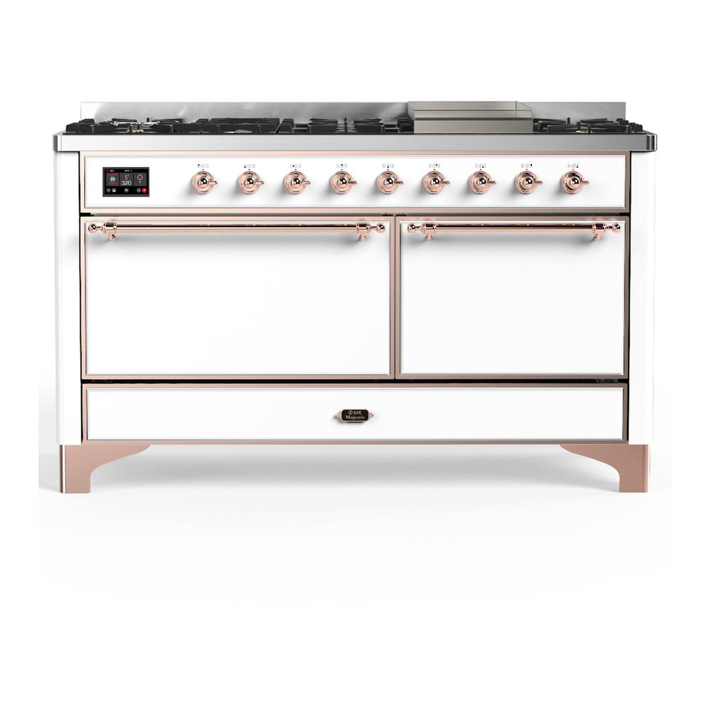 ILVE UM60FQNR3WHPLP Majestic III 60 inch Dual Fuel Range with 9 Burners and Griddle, Dual Function Burner up to 25,000 BTU (Liquid Propane, Solid Door, White, Copper)