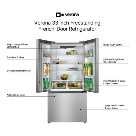 Verona VEFFD3316RISL 33 inch Freestanding French Door Refrigerator with 16.5 cu. ft. Capacity, Automatic Ice Maker, Recessed Handle