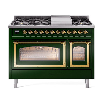 ILVE UN48FNMPEGGLP Nostalgie II Noblesse 48 inch Dual Fuel Range (8 Sealed Burners + Griddle, Liquid Propane, Triple Glass Door, Emerald Green, Brass)