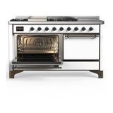 ILVE UM60FSQNR3WHB Majestic III 60 inch Dual Fuel Range with 7 Burners, Griddle and French Top, Dual Function Burner with up to 25,000 BTU (Natural Gas, Solid Door, White, Burnished)