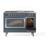 ILVE UN48FSNMPBGC Nostalgie II Noblesse 48 inch Dual Fuel Range (5 Sealed Burners + Griddle + French Top, Natural Gas, Triple Glass Door, Blue Grey, Chrome)