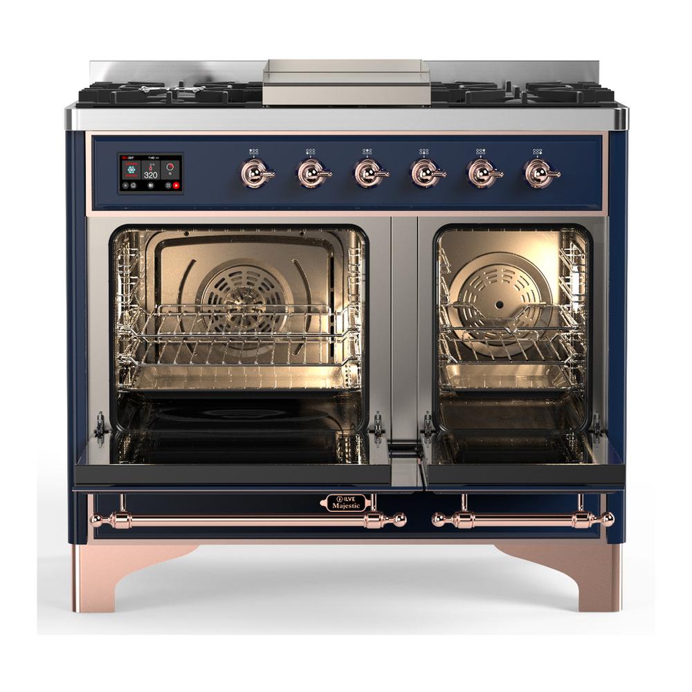 ILVE UMD40FQNR3MBP Majestic III 40 inch Dual Fuel Range with 6 Burners and Griddle, Dual Function Burner up to 25,000 BTU (Natural Gas, Solid Door, Midnight Blue, Copper)