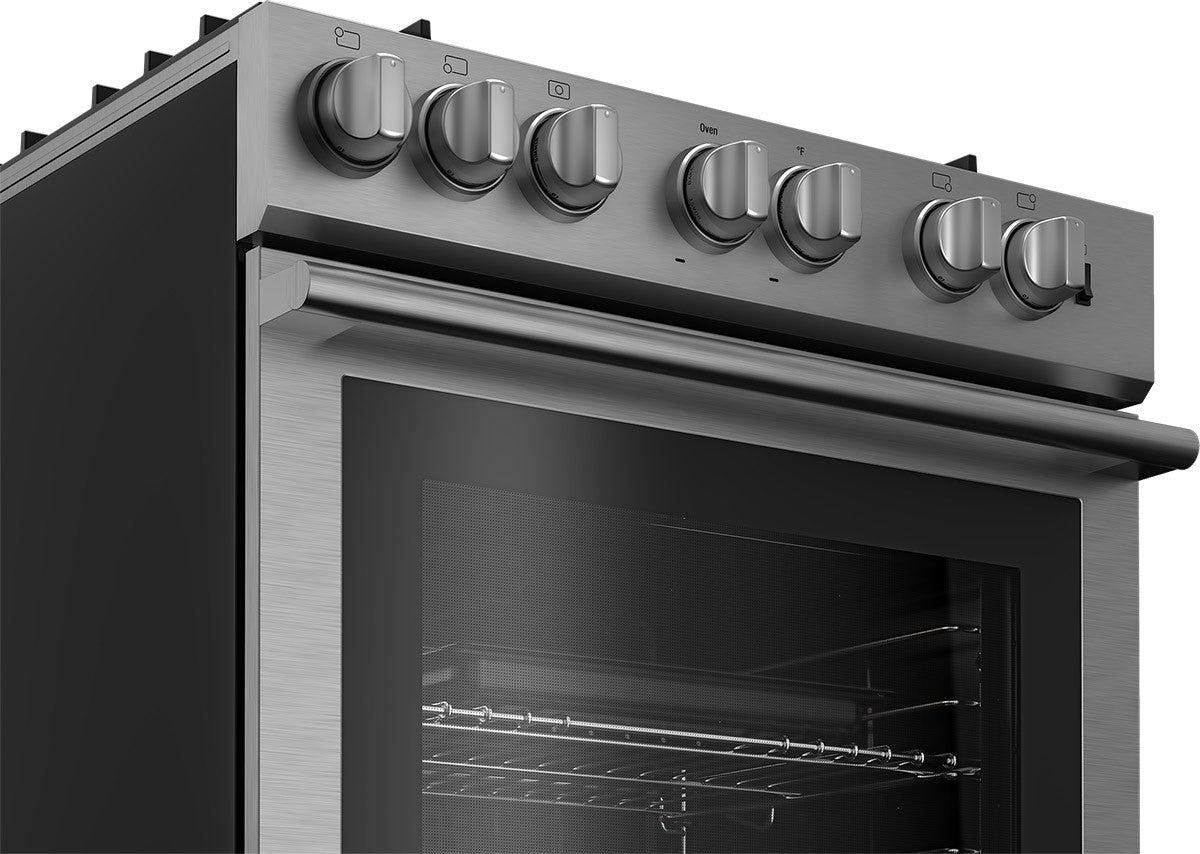 30in Dual Fuel 5 burner range with 5.7 cu ft self clean oven, slide-in style