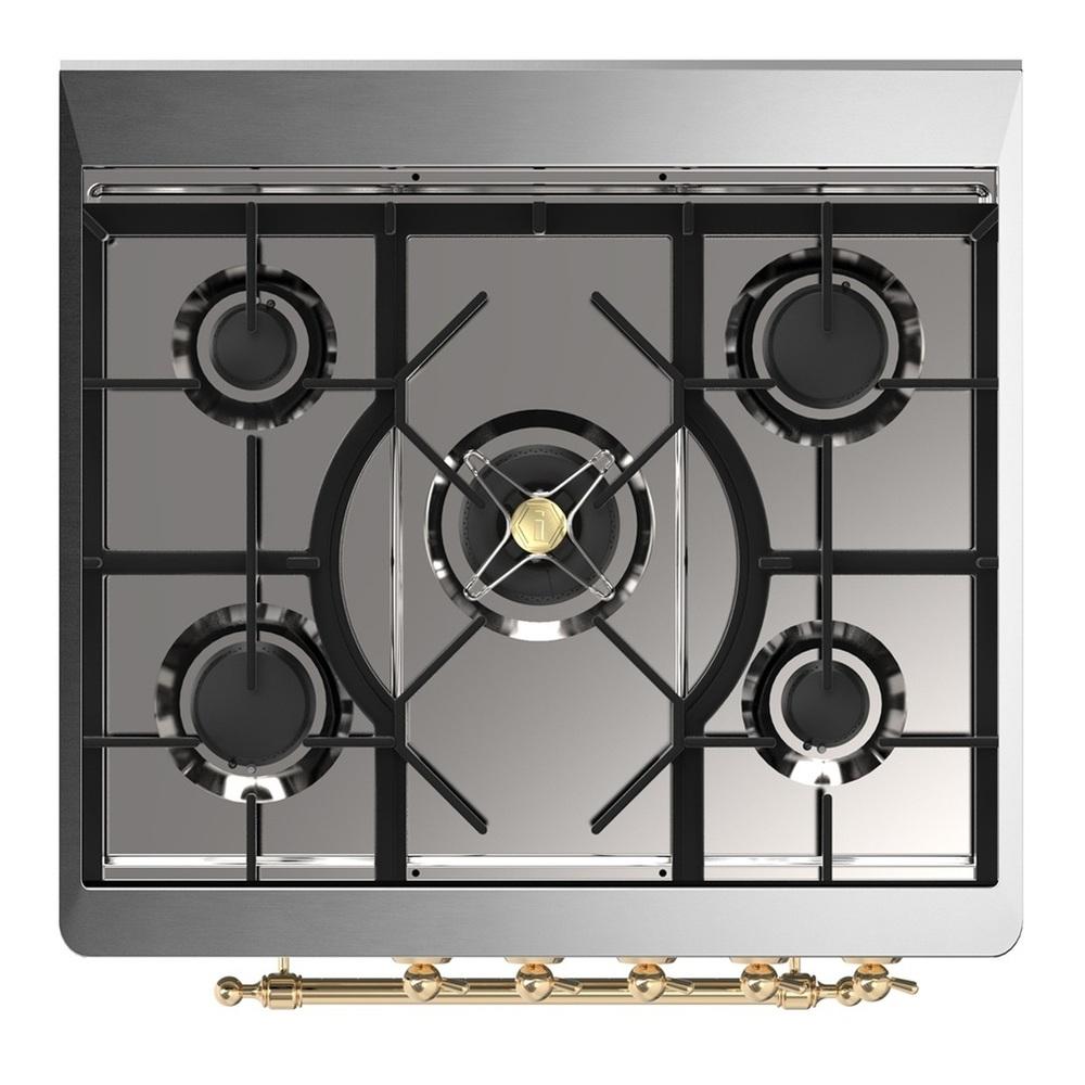 ILVE UM30QNR3SSGLP Majestic III 30 inch Dual Fuel Range with 5 Black Brass Burners, Dual Function Burner up to 25,000 BTU (Liquid Propane, Solid Door, Stainless Steel, Brass)