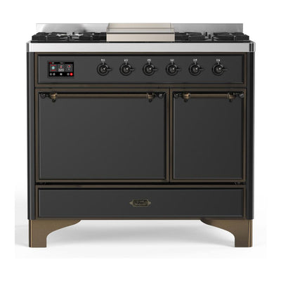 ILVE UMD40FQNR3MGB Majestic III 40 inch Dual Fuel Range with 6 Burners and Griddle, Dual Function Burner up to 25,000 BTU (Natural Gas, Solid Door, Graphite Matte, Burnished)