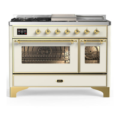ILVE UM48FSNR3AWG Majestic III 48 inch Dual Fuel Range with 5 Black Brass Burners, Griddle and French Top, Dual Function Burner up to 25,000 BTU (Natural Gas, Triple Glass Door, Antique White, Brass)