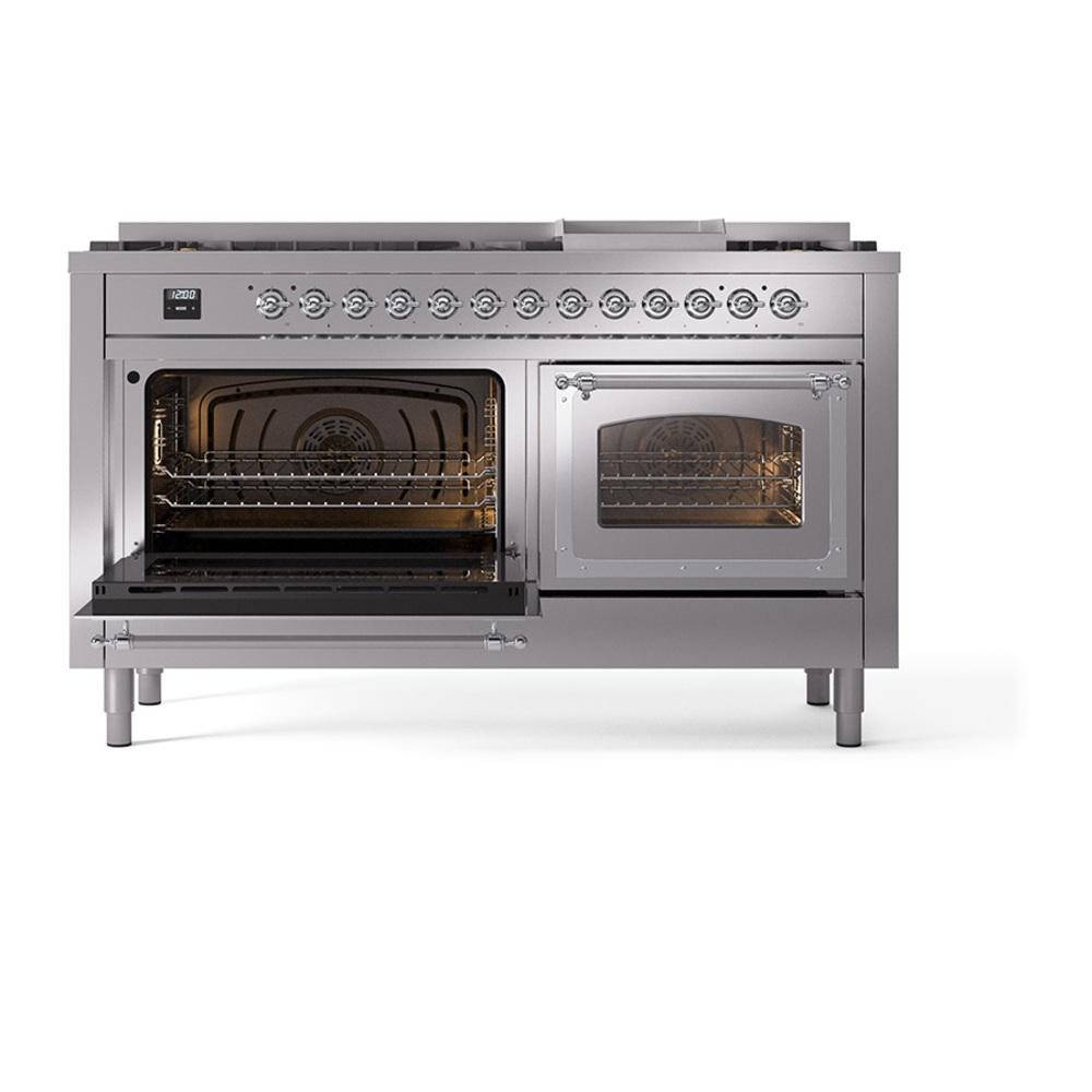 ILVE UN60FNMPSSCLP Nostalgie II Noblesse 60 inch Dual Fuel Range (9 Sealed Burners + Griddle, Liquid Propane, Triple Glass Door, Stainless Steel, Chrome)