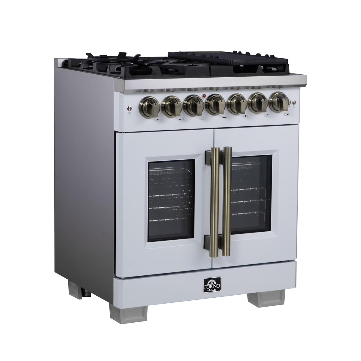 Forno Capriasca 30 Inch Freestanding French Door Dual Fuel Range in White with Antique Brass Accessories, 5 Burners, True Convection Oven