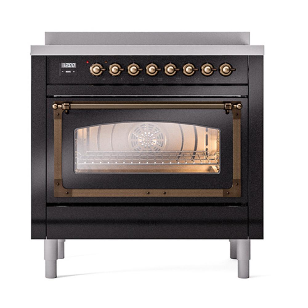 ILVE UNI366NMPBKB Nostalgie II Noblesse 36 inch Induction Range (Triple Glass Door, Glossy Black, Burnished)