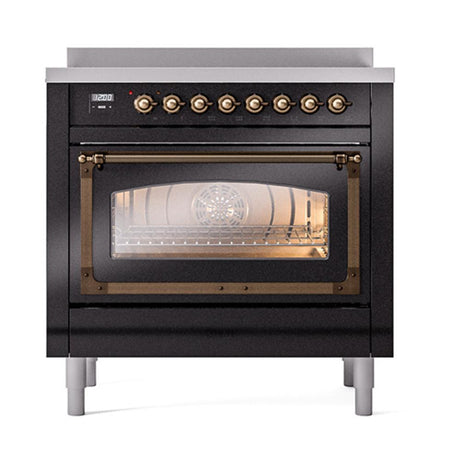 ILVE UNI366NMPBKB Nostalgie II Noblesse 36 inch Induction Range (Triple Glass Door, Glossy Black, Burnished)