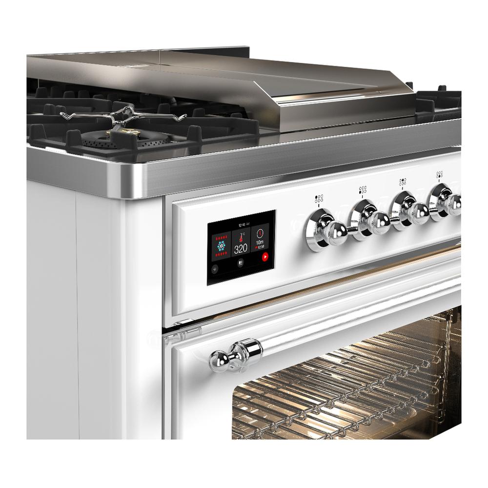 ILVE UM36FNR3WHCLP Majestic III 36 inch Dual Fuel Range with 6 Black Brass Burners and Griddle, Dual Function Burner up to 25,000 BTU (Triple Glass Door, White, Chrome, Liquid Propane)