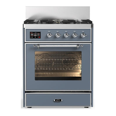 ILVE UM30NR3BGCLP Majestic III 30 inch Dual Fuel Range with 5 Black Brass Burners, Dual Function Burner up to 25,000 BTU (Liquid Propane, Triple Glass Door, Blue Grey, Chrome)