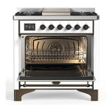 ILVE UM36FNR3WHB Majestic III 36 inch Dual Fuel Range with 6 Black Brass Burners and Griddle, Dual Function Burner up to 25,000 BTU (Triple Glass Door, White, Burnished, Natural Gas)