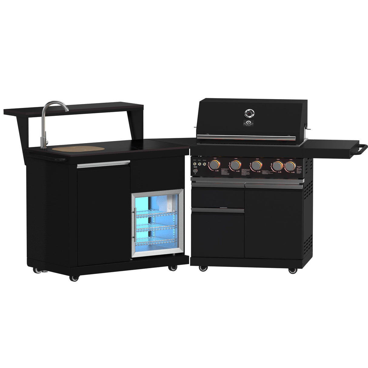 Forno All Aperto 62,600 BTU BBQ, 3 Stainless Steel Burners, Infrared Burners, Sink Module, Black Sintered Stone Countertops, Bar and Beverage Center