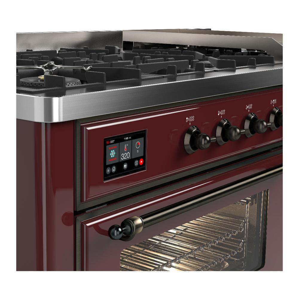 ILVE UM60FNR3BUB Majestic III 60 inch Dual Fuel Range with 9 Burners and Griddle, Dual Function Burner up to 25,000 BTU (Natural Gas, Triple Glass Door, Burgundy, Burnished)