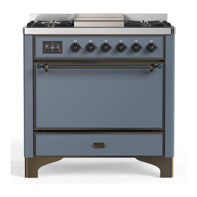 ILVE UM36FQNR3BGBLP Majestic III 36 inch Dual Fuel Range with 6 Black Brass Burners and Griddle, Dual Function Burner up to 25,000 BTU (Solid Door, Blue Grey, Burnished, Liquid Propane)