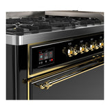 ILVE UM60FQNR3BKGLP Majestic III 60 inch Dual Fuel Range with 9 Burners and Griddle, Dual Function Burner up to 25,000 BTU (Liquid Propane, Solid Door, Glossy Black, Brass)