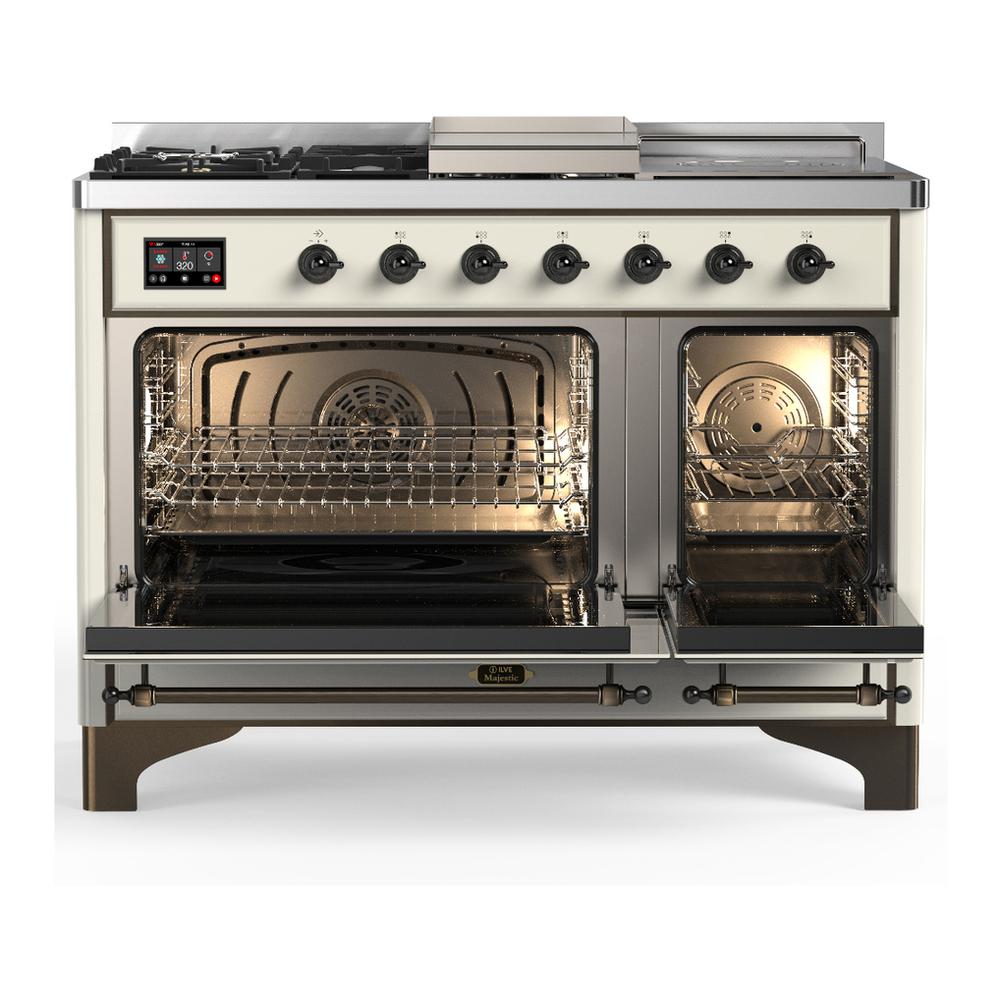 ILVE UM48FSNR3AWB Majestic III 48 inch Dual Fuel Range with 5 Black Brass Burners, Griddle and French Top, Dual Function Burner up to 25,000 BTU (Natural Gas, Triple Glass Door, Antique White, Burnished)