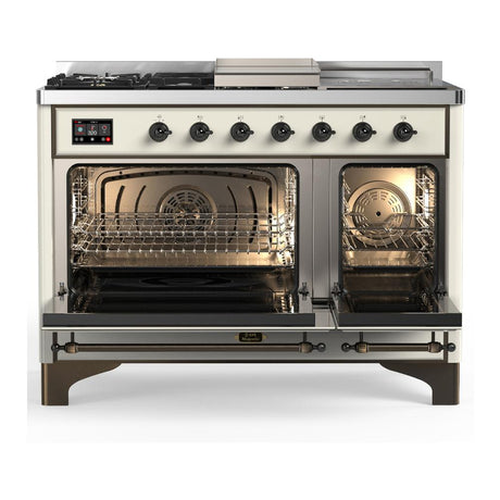 ILVE UM48FSNR3AWB Majestic III 48 inch Dual Fuel Range with 5 Black Brass Burners, Griddle and French Top, Dual Function Burner up to 25,000 BTU (Natural Gas, Triple Glass Door, Antique White, Burnished)